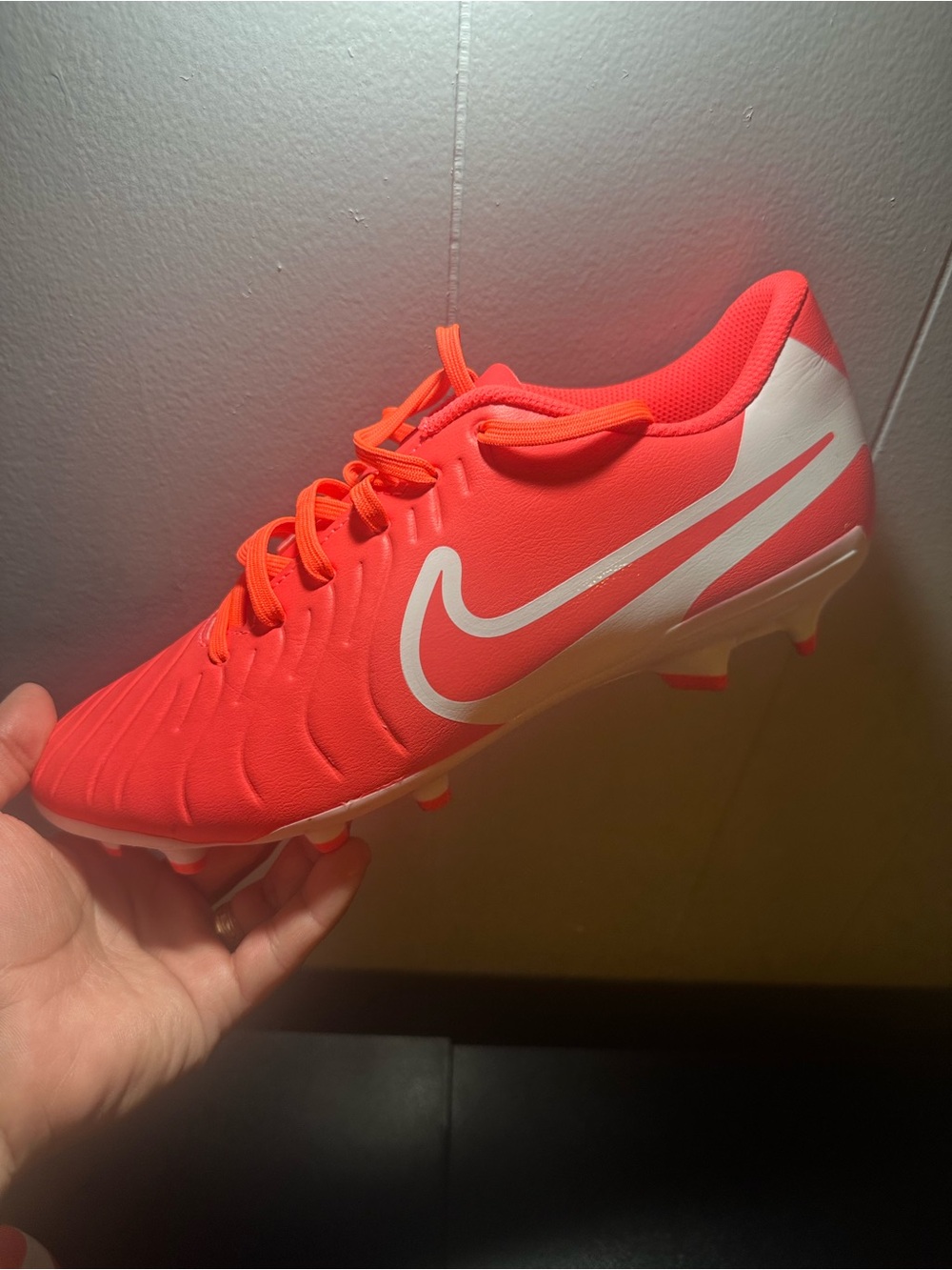 Nike mens Soccer Cleats in Vibrant Coral-Orange with White Swoosh - Picture 2 of 6